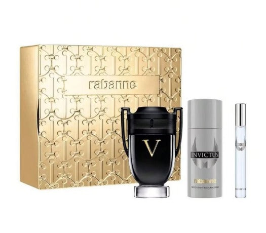 Paco Rabanne Men Invictus "Victory" 3 Pcs Set 3.4 Oz Eau De Parfum Extreme Spr+5.0 Oz Deo Spr+0.33 Oz Edp Travel Spr [Hard Black Gold Box]