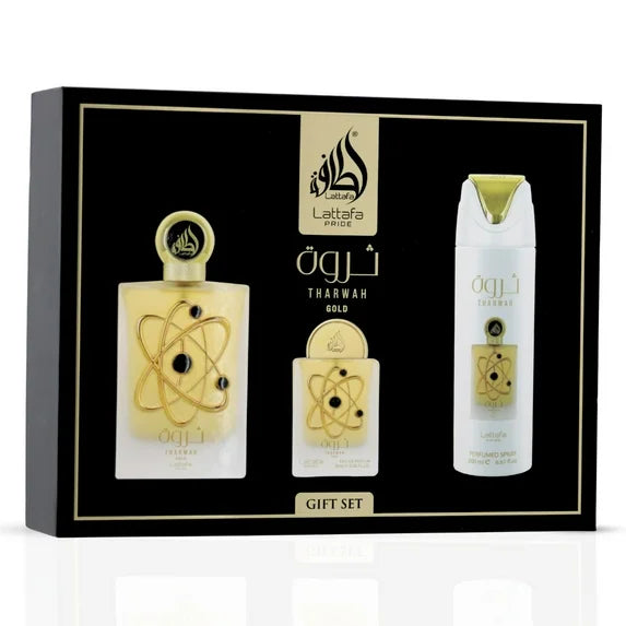 Tharwah Gold 3-Piece Perfume Gift Set by Lattafa Pride