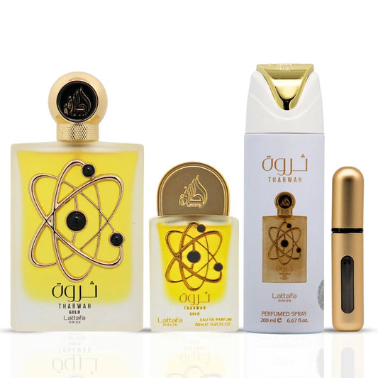 Tharwah Gold 3-Piece Perfume Gift Set by Lattafa Pride